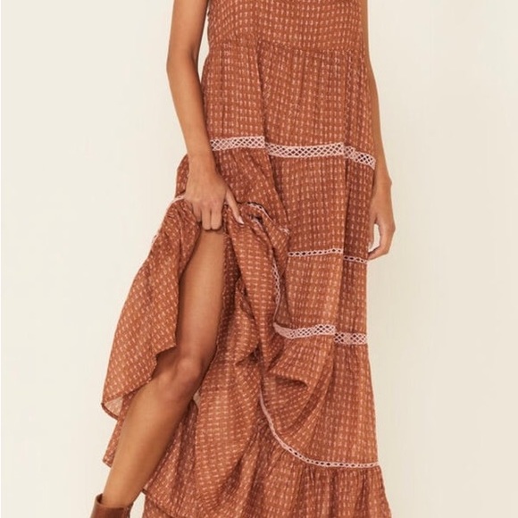 Free People Midnight Dance Maxi Slip Dress Lace Metallic Pink Brown - Picture 3 of 4